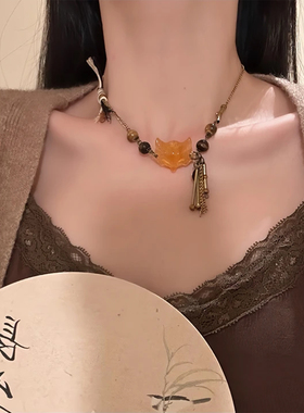 山沐手作「玉面丘狐」新中式复古狐狸面具项链女款古风个性锁骨链