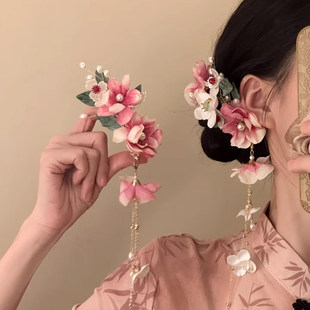山沐手作「雨棠酌春」超仙粉色花朵流苏发夹女古风边夹新中式发饰