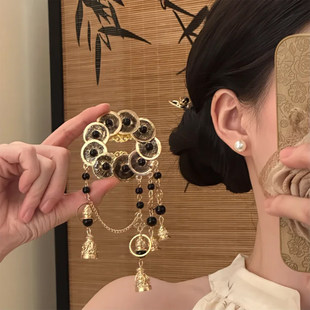 山沐手作「财圆滚滚」国风古风铜钱流苏发夹后脑勺边夹新中式发饰