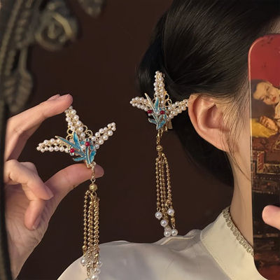 山沐手作「国色芳华」国风珍珠花朵流苏发夹女汉服古风侧边夹发饰