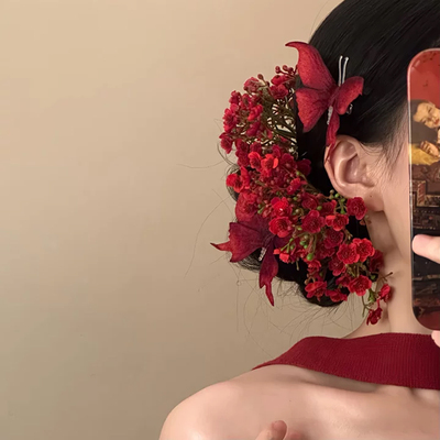 山沐手作「红妆映颜」新中式红色花朵发簪女订婚头饰新娘簪花发饰