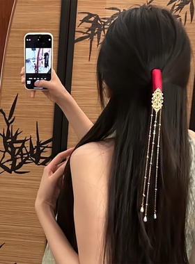 山沐手作「红鸾天禧」新中式红色流苏发夹女半扎发饰国风新年头饰