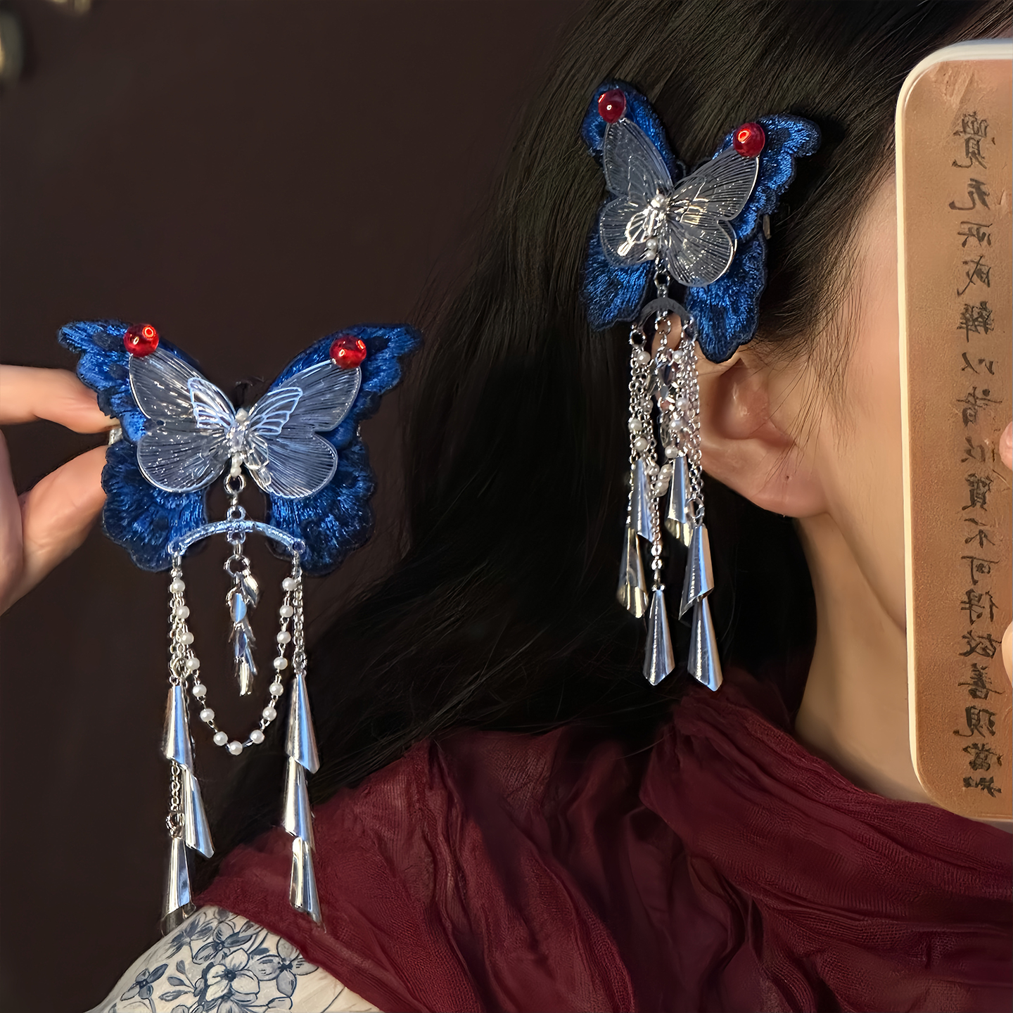 山沐手作「蝶觅泠泠」新中式刺绣蝴蝶流苏发夹女边夹古风汉服发饰