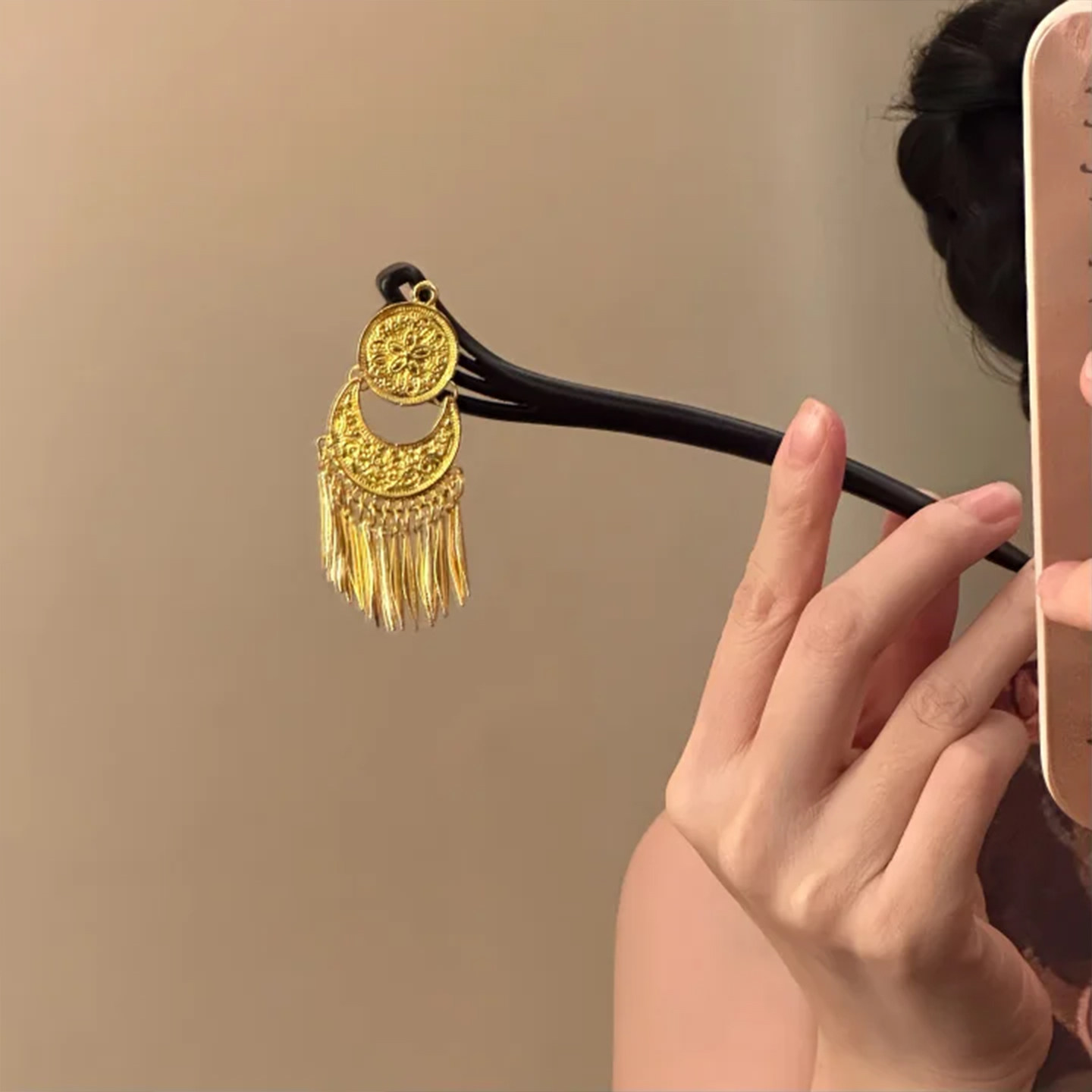 山沐手作「日月承辉」复古金色流苏发簪女新中式古风簪子旗袍头饰