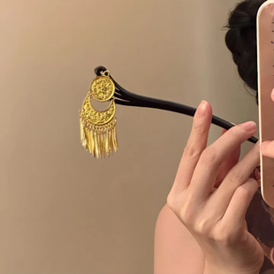 山沐手作「日月承辉」复古金色流苏发簪女新中式古风簪子旗袍头饰