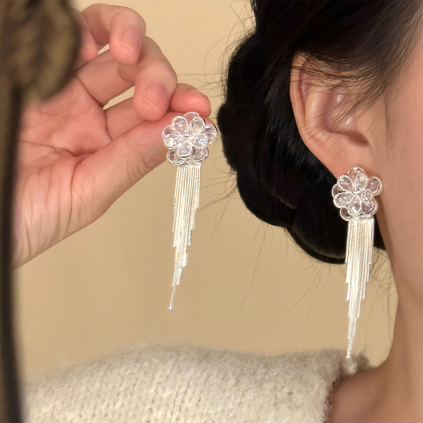 山沐手作「冰花漫川」超闪水钻花朵流苏耳环高级感轻奢气质耳饰女,饰品/流行首饰/时尚饰品新,耳环,淘宝优惠券,粉丝福利购,淘宝优惠卷