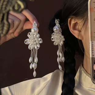 山沐手作「花白芙蓉」珍珠花朵流苏发夹女高级感轻奢气质边夹发饰