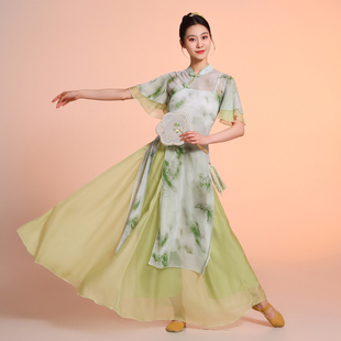 新款古典舞国风印花旗袍上衣女飘逸身韵练功服中式形体舞台演出服