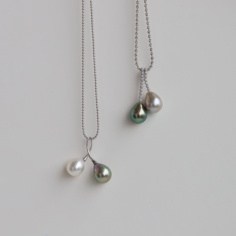 大溪地炫彩黑珍珠澳白水滴双珠吊坠18K金孔雀绿天然海水炫彩珍珠