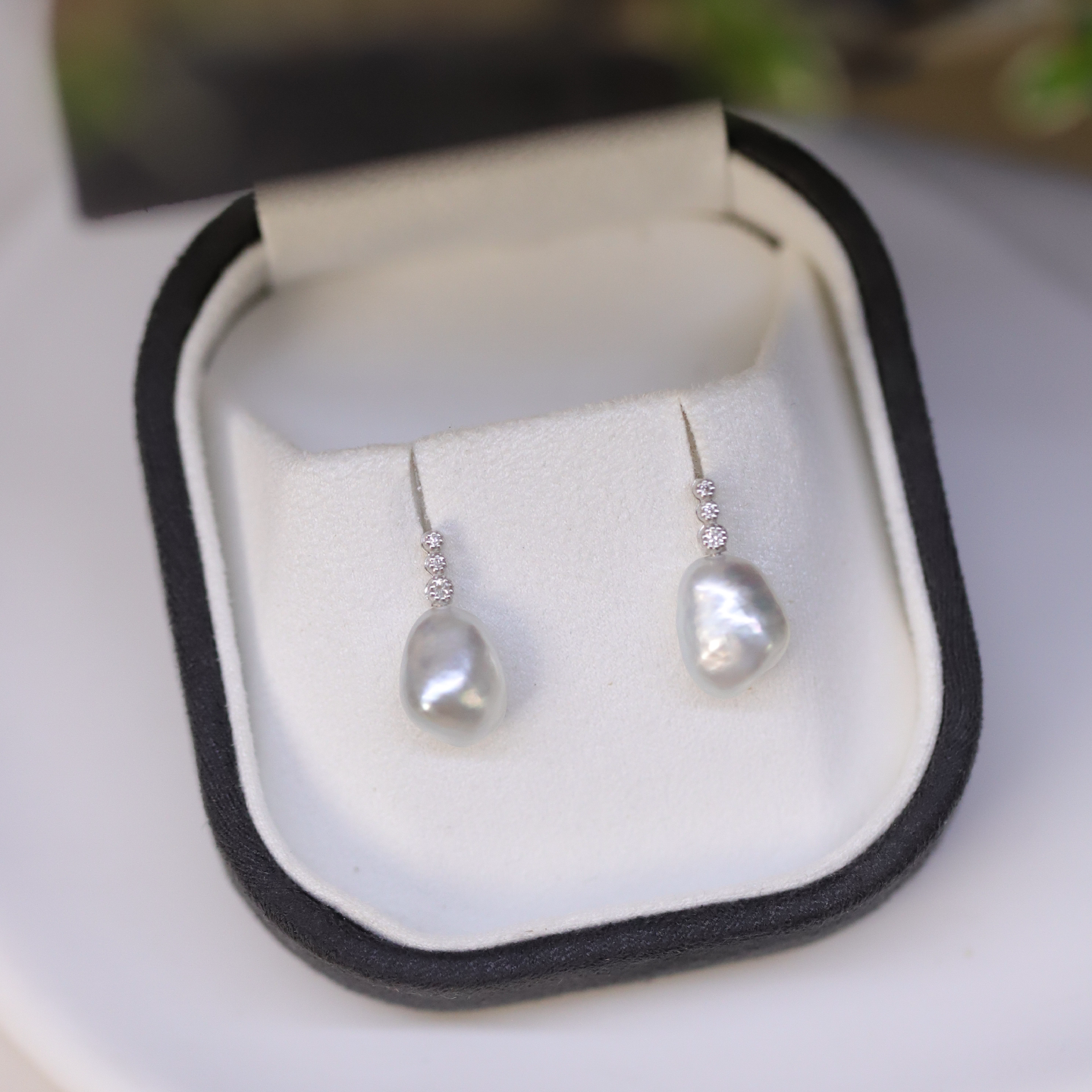 澳白keshi天然无核野生珍珠18K金银冷光克旭钻石耳钉合集