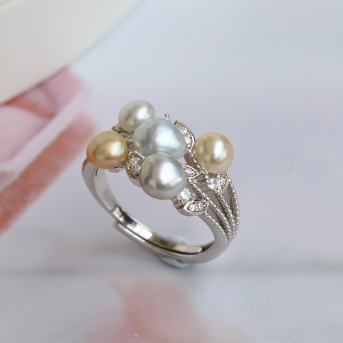 南洋野生无核多珠混彩keshi海水珍珠925银款可调节不规则克旭戒指