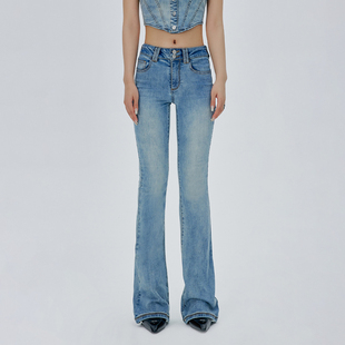 Call me Blue 复古水洗高弹紧身微喇牛仔裤 中腰喇叭裤女