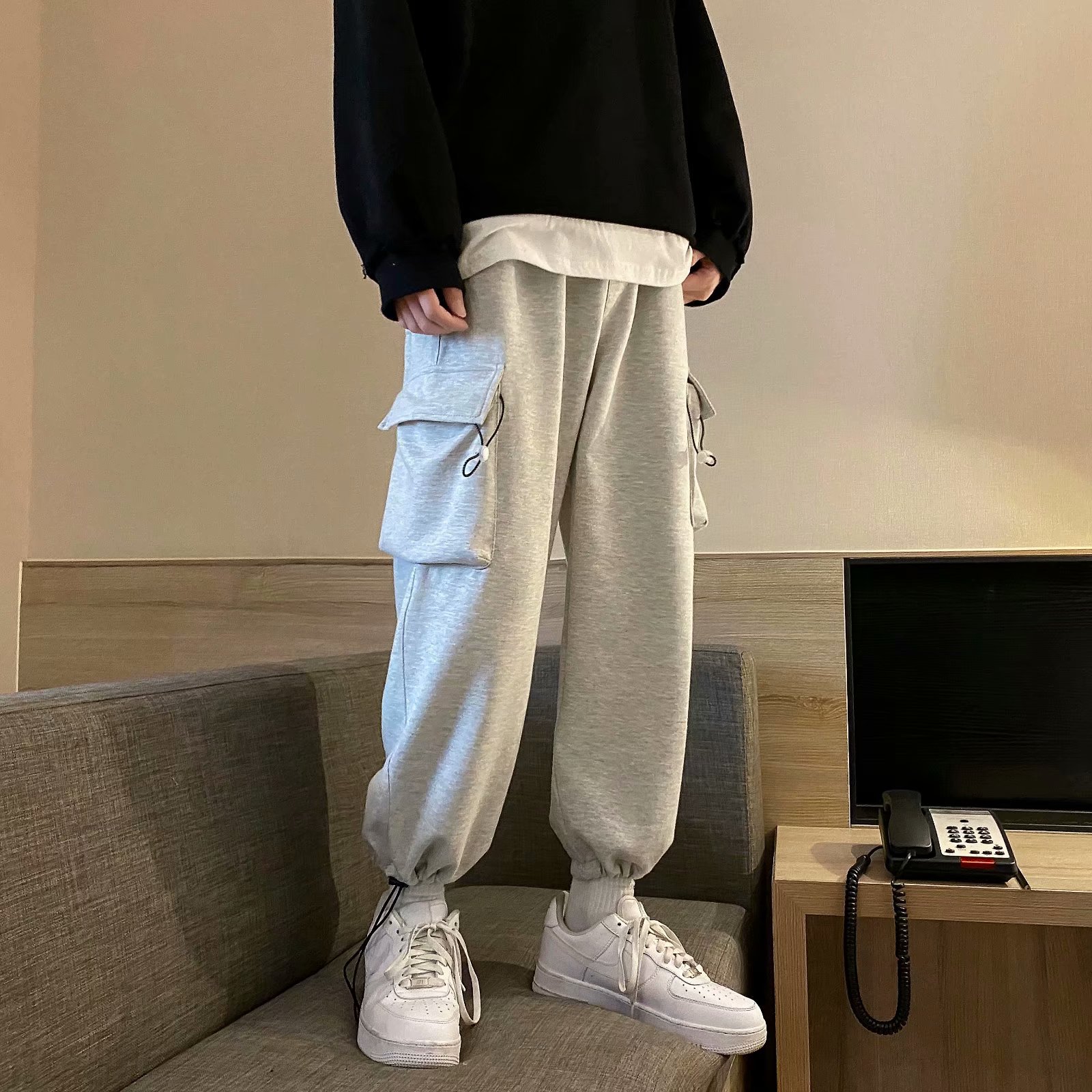 65 cotton Hong Kong Style versatile loose casual pants simple trend new Capris solid color young men's pants