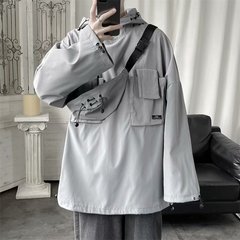 送挎包牌工裝機能外套男寬鬆潮流2021年新款連帽套頭夾克學生上衣