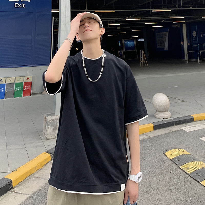 ins港風夏季假兩件短袖T恤男韓版潮流休閒五分袖寬鬆圓領純色半袖