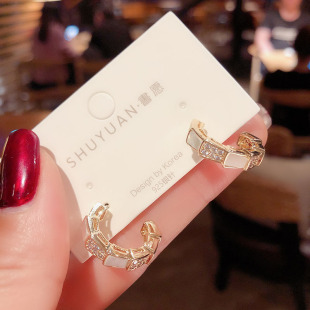 韩国东大门锆石贝壳板材C耳圈耳环个性 高级感925银针耳钉女 潮法式