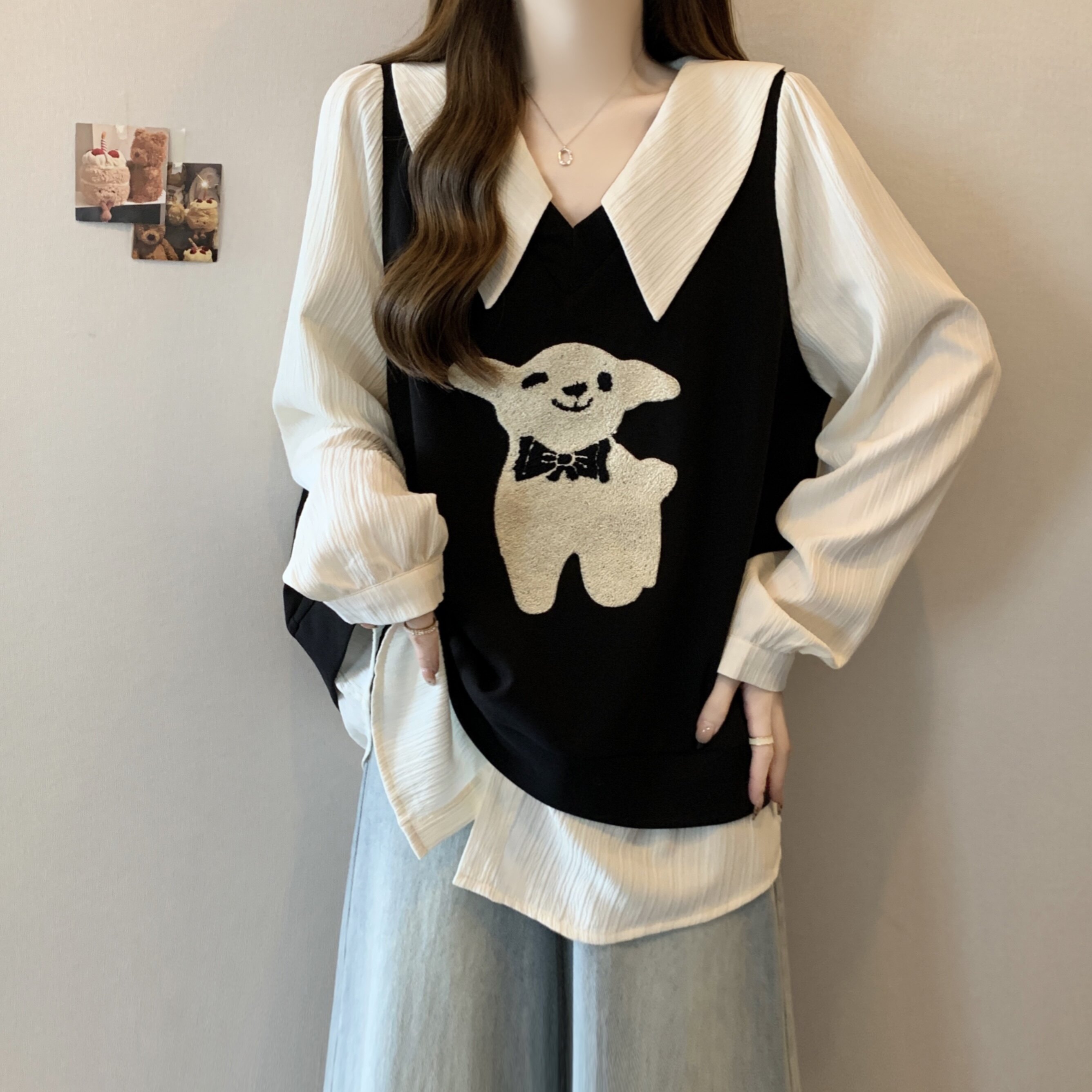 春秋外出穿长袖宽松小羊假两件衬衫减龄显瘦产后遮肚百搭喂奶小衫