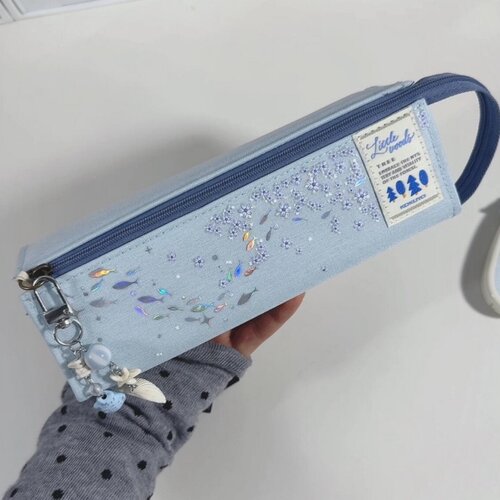 日本KOKUYO国誉笔袋冰蓝雪花小鱼学生用大容量对开文具袋学生用