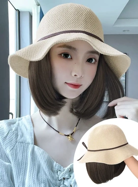 帽子假发一体女时尚夏季蝴蝶结渔夫帽锁骨发网红百搭镂空假发帽
