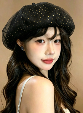 三层加里布有型贝雷帽女黑金波点网纱八角帽复古洋气百搭画家帽