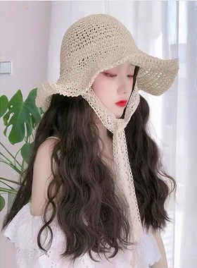 假发女长发新式蕾丝草帽大波浪自然假发套蝴蝶结渔夫帽长卷发