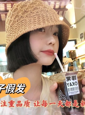 新款旅游时尚夏季镂空渔夫帽假发短直发内扣假发透气连帽假发防晒