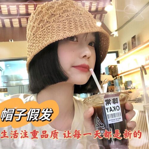 新款旅游时尚夏季镂空渔夫帽假发短直发内扣假发透气连帽假发防晒