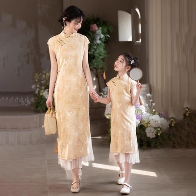 中式亲子旗袍母女装2025新款儿童唐装中国风夏古装短袖连衣裙大码