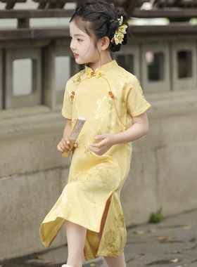 儿童旗袍黄色气质连衣裙洋气公主裙女童唐装连衣裙夏季薄款新中式