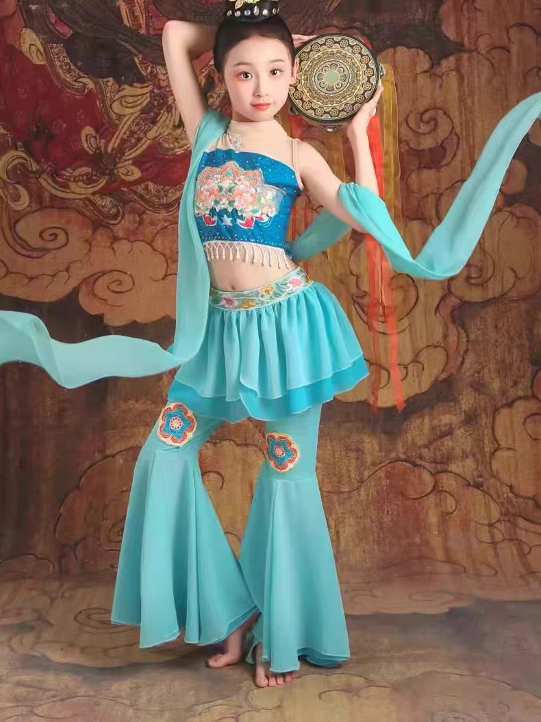 敦煌飞天儿童古典舞反弹琵琶表演服女童飘逸中国风汉服舞蹈演出服