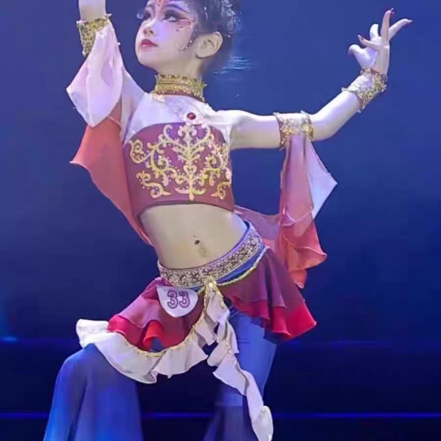 儿童飞天演出服敦煌古韵舞蹈汉服女童古典琵琶异域风情手鼓表演服