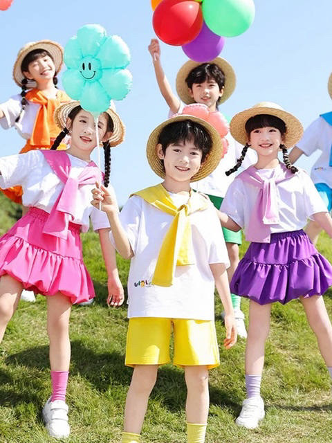 一起跳舞吧演出服孩子的天空纸飞机舞蹈服彩色短袖短裙六一幼儿园