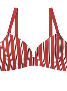 75D现货内衣aimerfeel超盛条纹软钢圈无痕聚拢文胸本命红