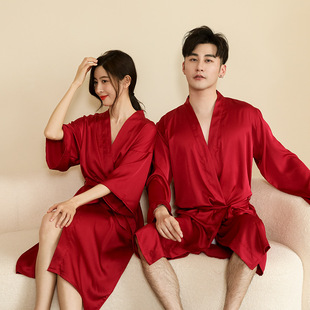 春夏冰雪丝缎面纯色睡衣情侣睡袍男女式长款大码结婚浴袍婚礼红色