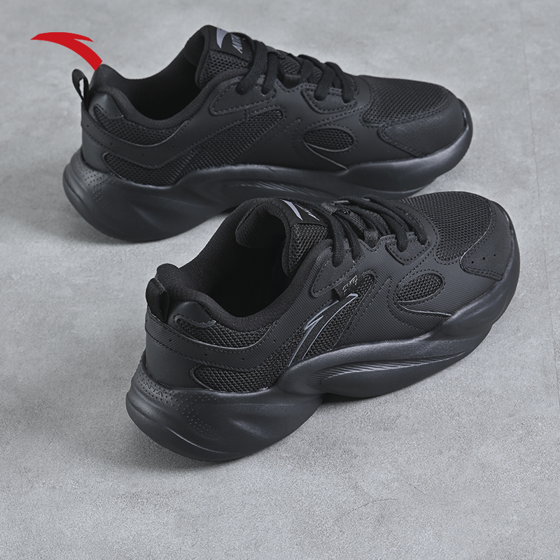 安踏女鞋纯黑色厚底运动鞋