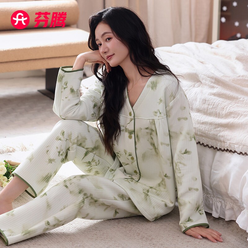 芬腾睡衣女款秋冬季加厚纯棉长袖空气棉夹层可外穿大码家居服套装