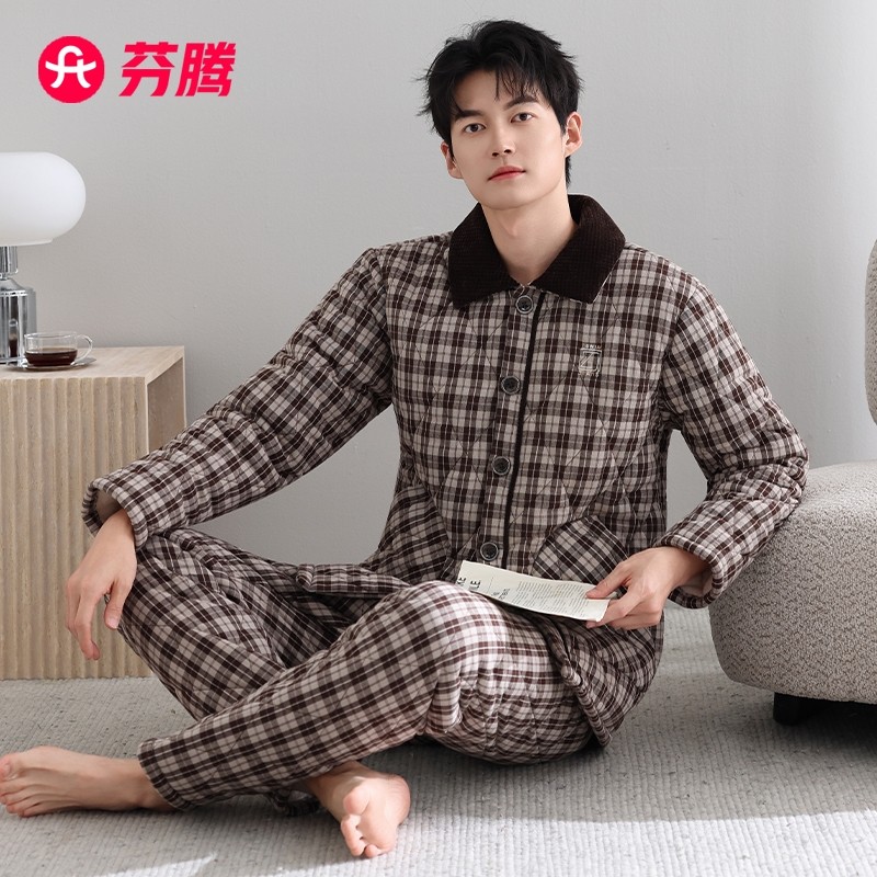 芬腾睡衣男士冬季三层加厚加绒梭织纯棉夹棉秋冬珊瑚绒棉袄家居服