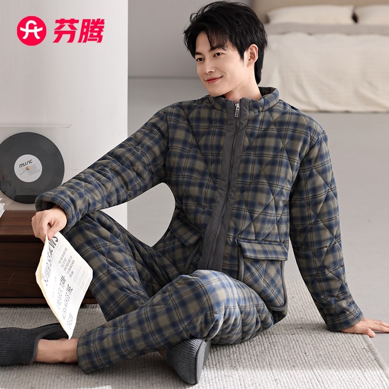 芬腾睡衣男士冬季三层加厚加绒纯棉夹棉秋冬款梭织保暖高领家居服