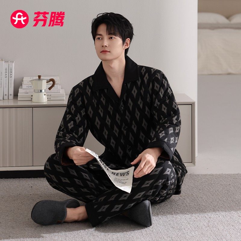 芬腾睡衣男士冬季三层加厚加绒纯棉夹棉男款珊瑚绒棉袄冬款家居服