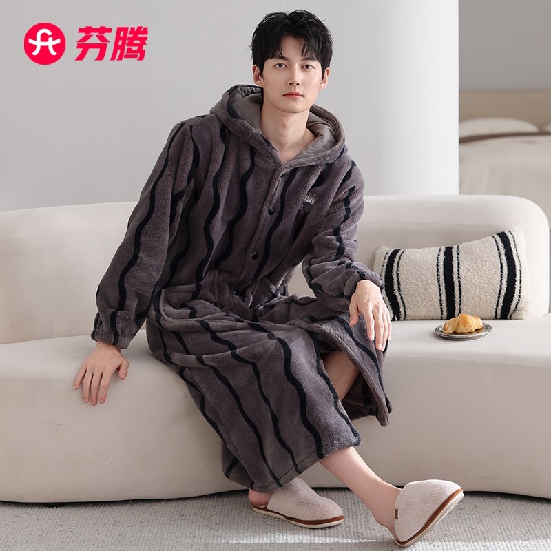 芬腾男士睡袍秋冬季珊瑚绒睡衣加厚加绒男款法兰绒保暖家居服浴袍