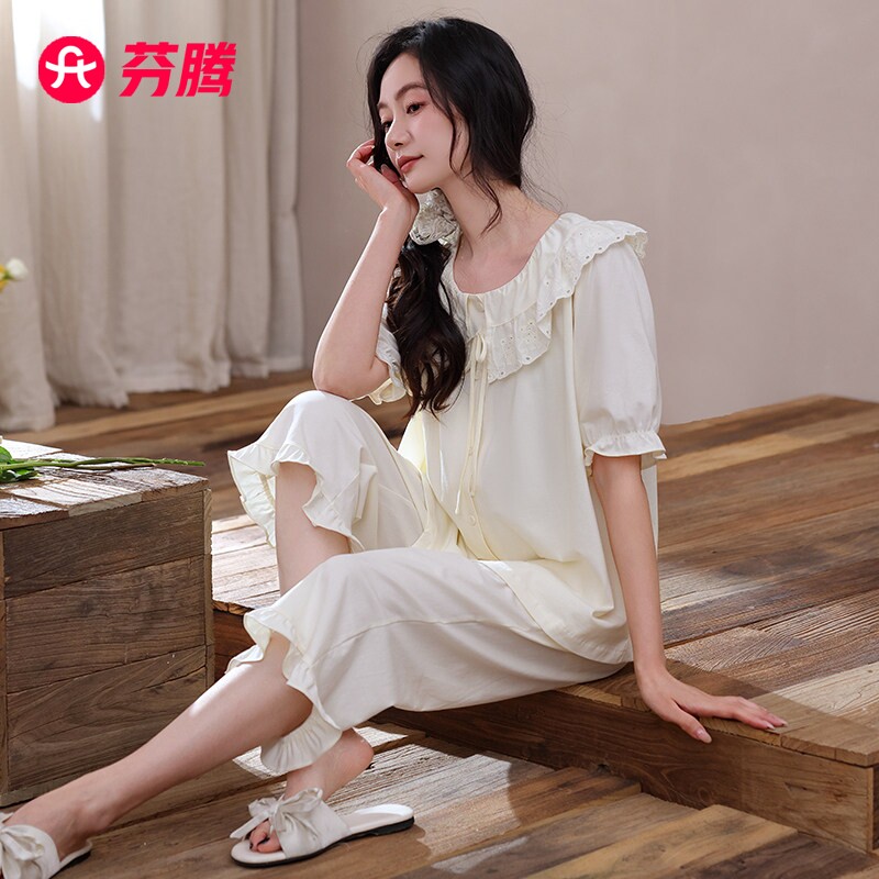 芬腾睡衣女款夏季纯棉短袖七分裤薄款公主风2026新款可外穿家居服