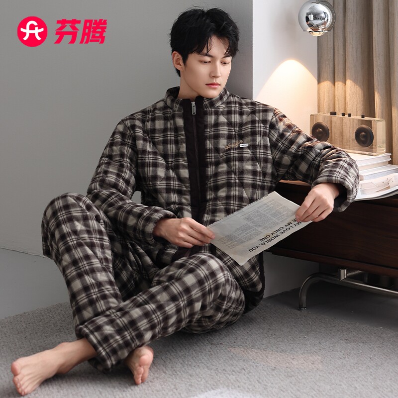 芬腾睡衣男士冬季三层加厚加绒纯棉夹棉秋冬款梭织保暖高领家居服