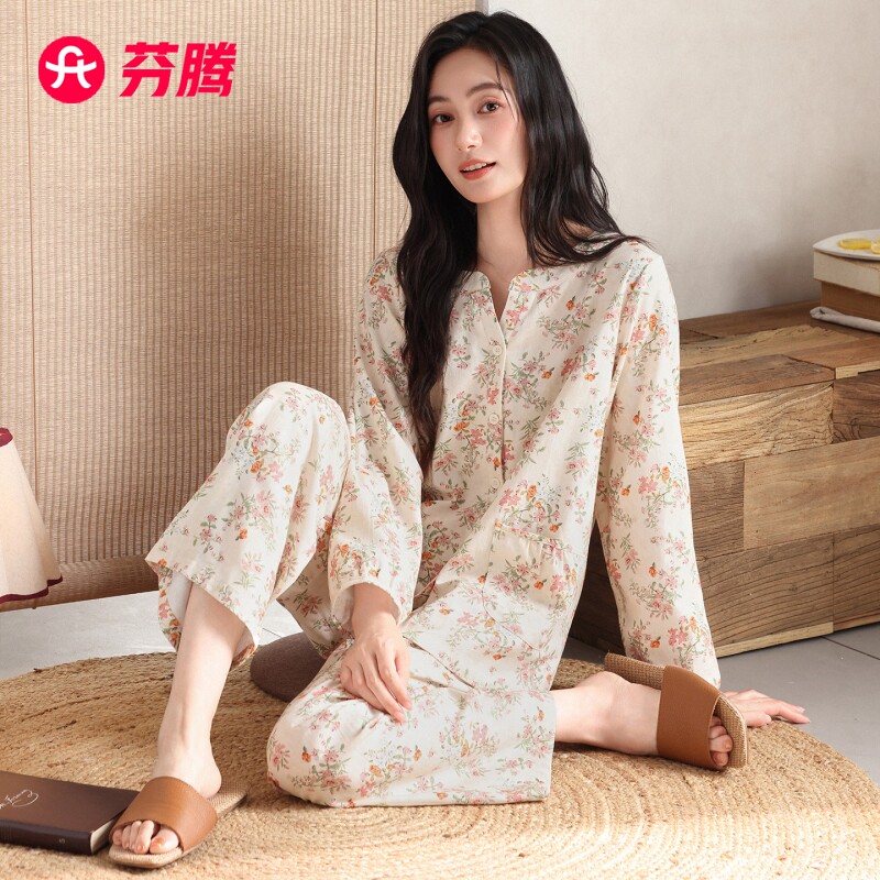 芬腾睡衣女春秋款梭织纯棉长袖秋季薄款全棉纱布中年妈妈家居服