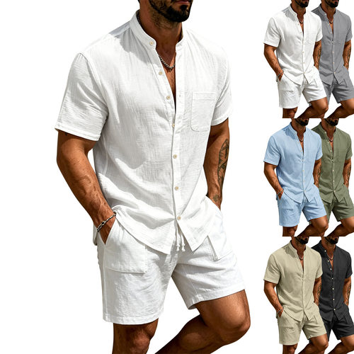 Summer linen 2 piece retro stand up collar shirt shorts set