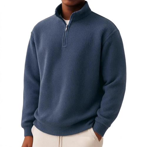 Winter solid color pullover zipper loose waffle polo cedar