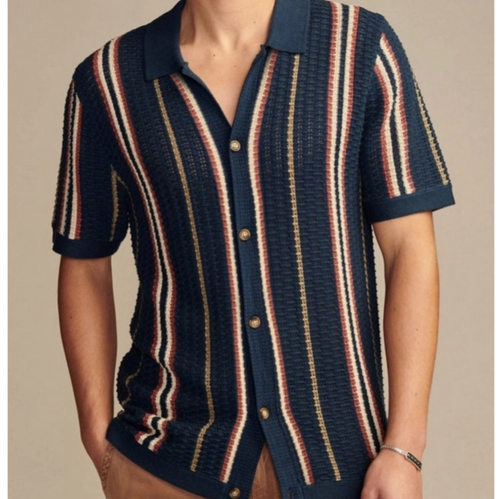 Men's hollowed out striped Polo cardigan vintage shirt