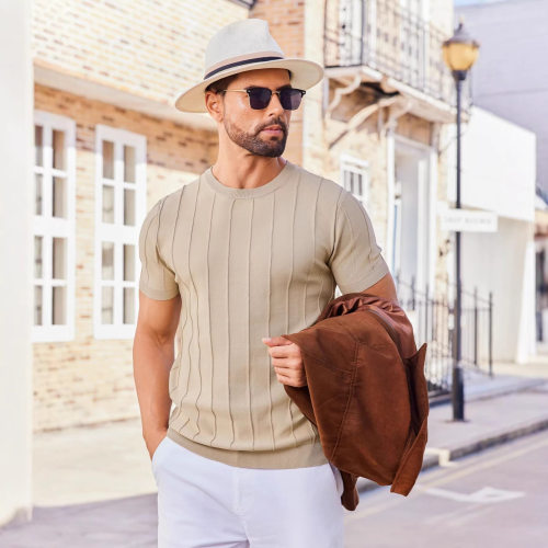 Men's knitted sweater high-end vertical stripe T-shirt top