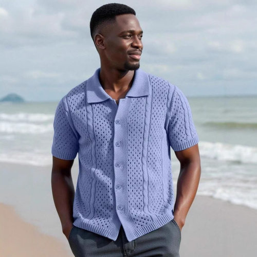 Men knitted button up cardigan with hollowed out polo shirt