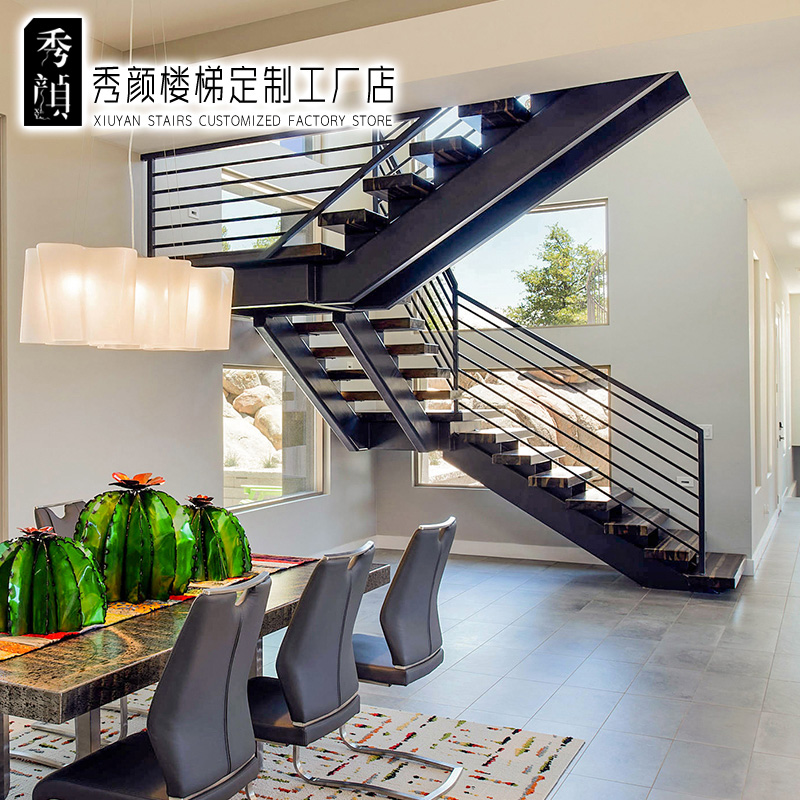 轻奢双跑双梁钢木楼梯室内定制整体别墅复式自建房阁楼loft玻璃