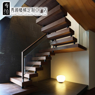 定制室内整体阁楼loft成品网红玻璃双跑家用 双梁钢木楼梯别墅复式